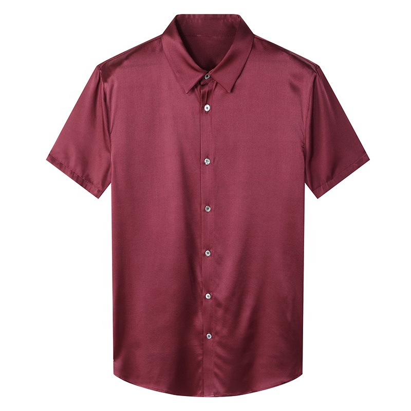 2024 High Quality Business Stand Collar Silk Shirt For Men Solid Color 90.4% Silk Short Sleeve Men &#39;s Shirt
