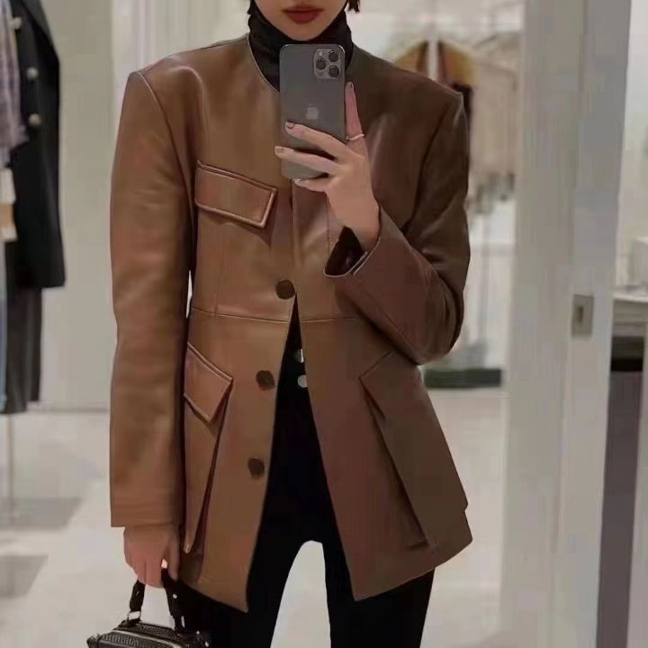 Spring Ladies Real Sheepskin Leather Shirt Long Sleeve Black Bomber Jacket Genuine Leather Jacket With Irregular Pockets