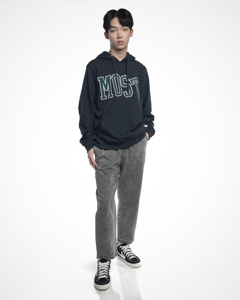 Yishion Men Solid Coloured Pullover Hoodie with Kangaroo Pockets and MOST Slogan Patch (Dk. Blue)