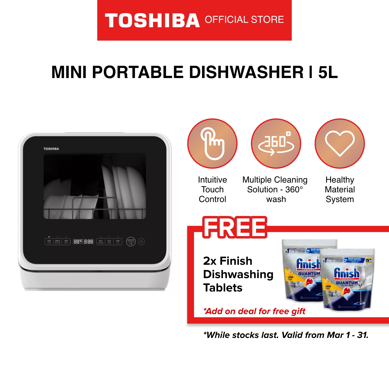 Toshiba DWS-22ASG(K) Black Multiple Purposes Portable Dishwasher, 5L